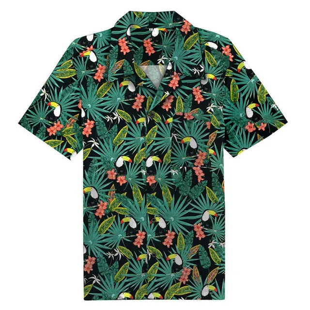 2019 Summer Men Shirts Casual Short Sleeve Hawaiian Shirt Men Cotton Big Size Toucan Floral Shirt Men camisa hawaiana hombre