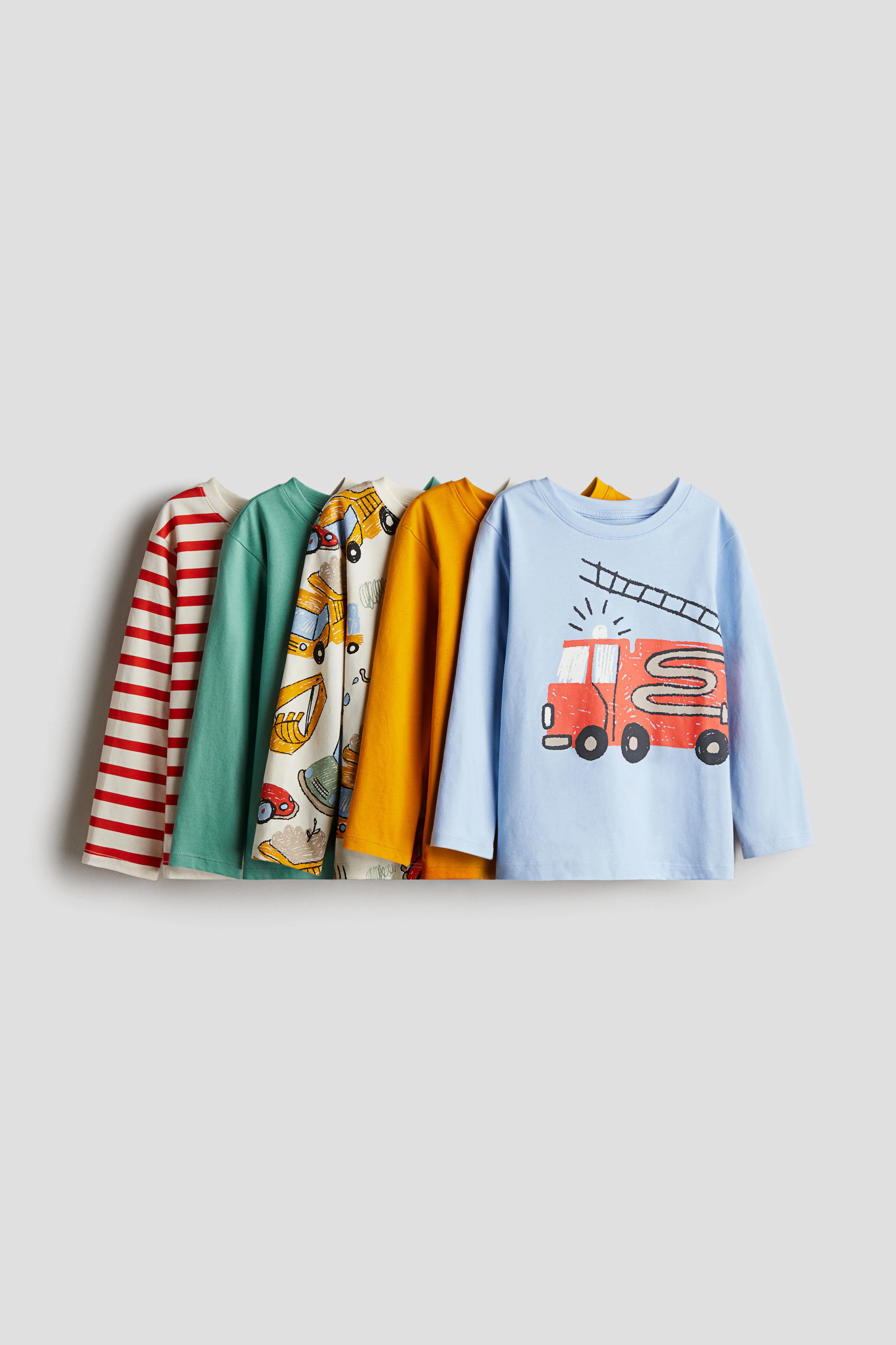 5-pack long-sleeved T-shirts - Round neck - Long sleeve - Light blue/Vehicles - Kids | H&M GB