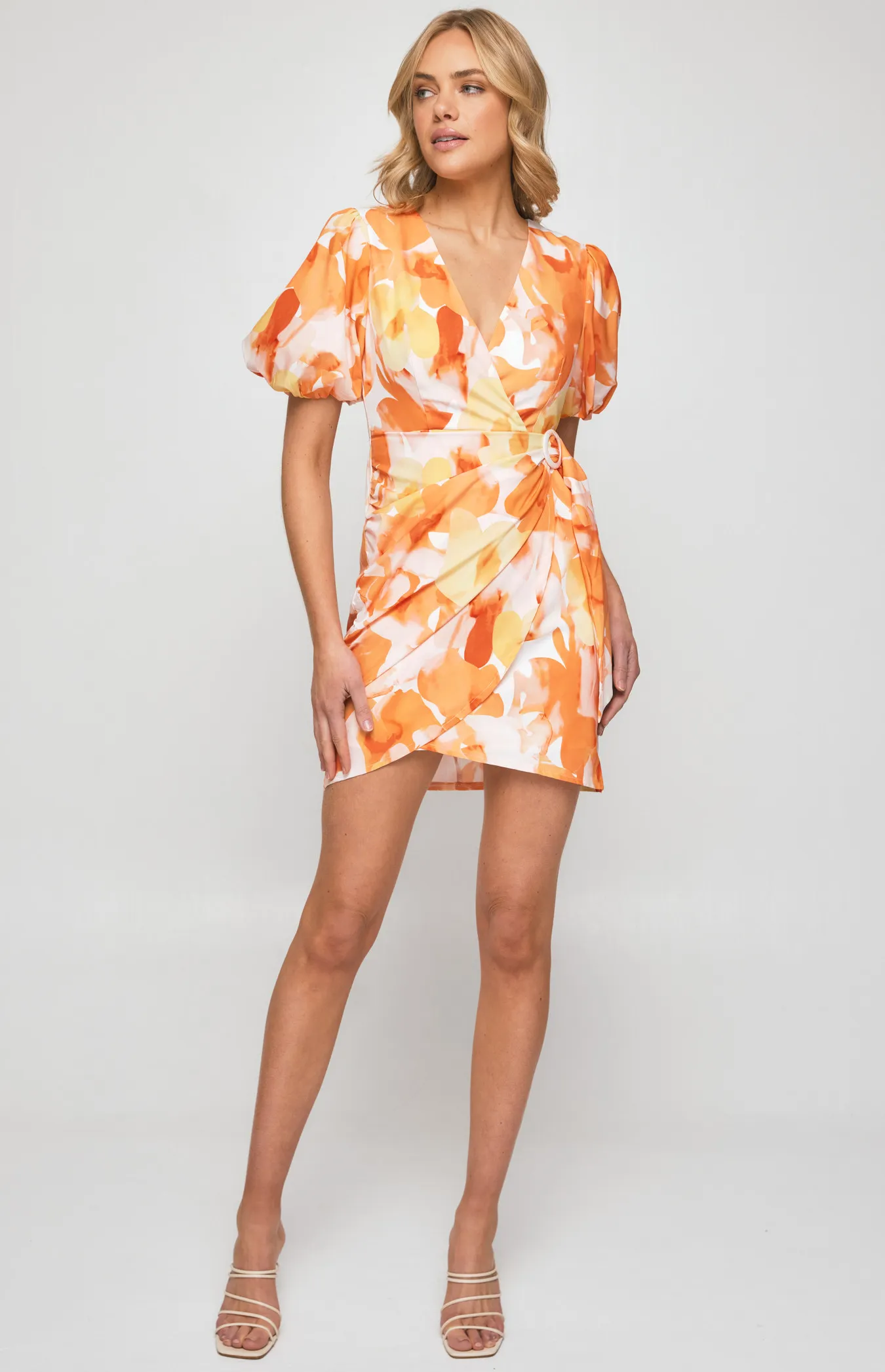 Abstract Print Dress with Wrap Panel and Circle Buckle Detail (SDR1276A)