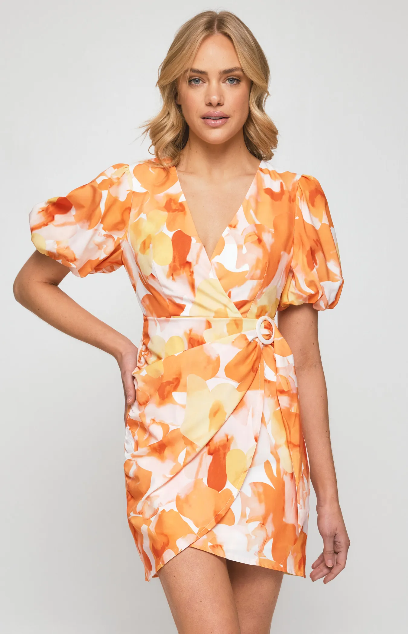 Abstract Print Dress with Wrap Panel and Circle Buckle Detail (SDR1276A)