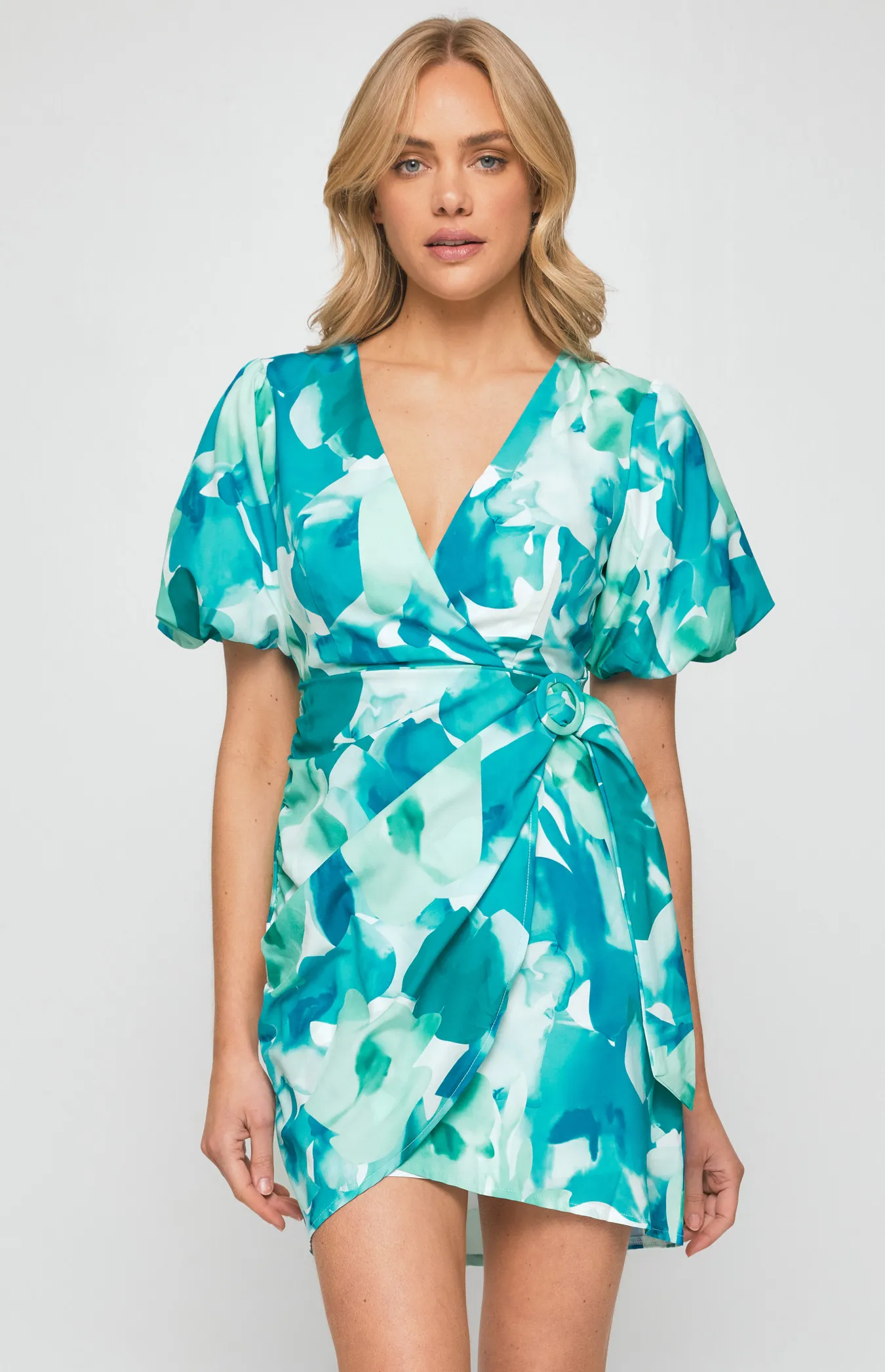 Abstract Print Dress with Wrap Panel and Circle Buckle Detail (SDR1276A)