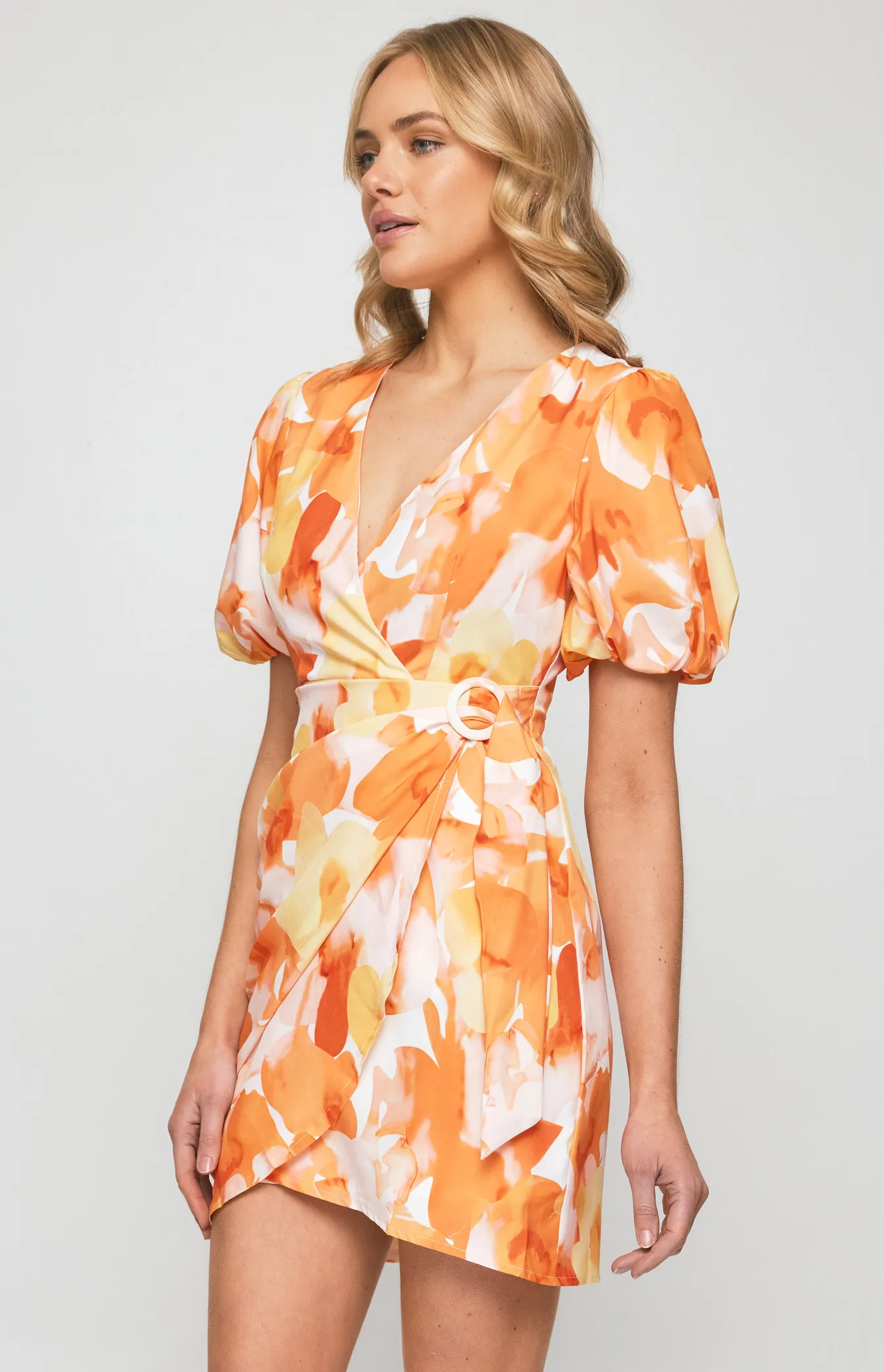 Abstract Print Dress with Wrap Panel and Circle Buckle Detail (SDR1276A)