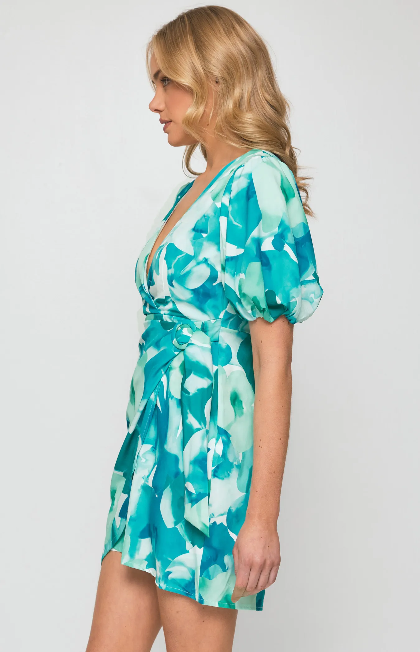 Abstract Print Dress with Wrap Panel and Circle Buckle Detail (SDR1276A)