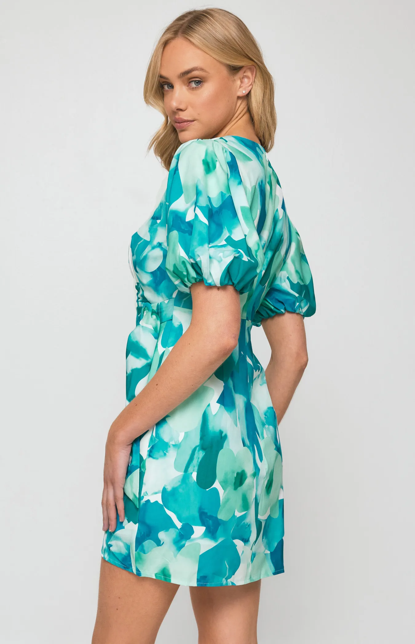 Abstract Print Dress with Wrap Panel and Circle Buckle Detail (SDR1276A)