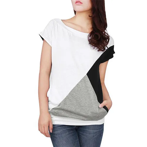 Allegra K Women Boat Neck Short Sleeve Color Block Tee Shirts