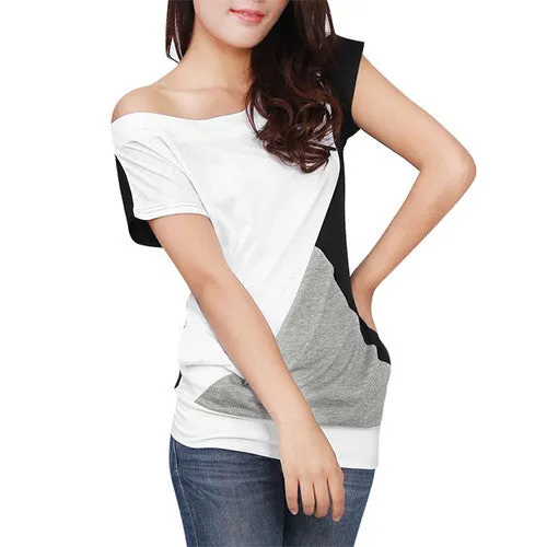 Allegra K Women Boat Neck Short Sleeve Color Block Tee Shirts