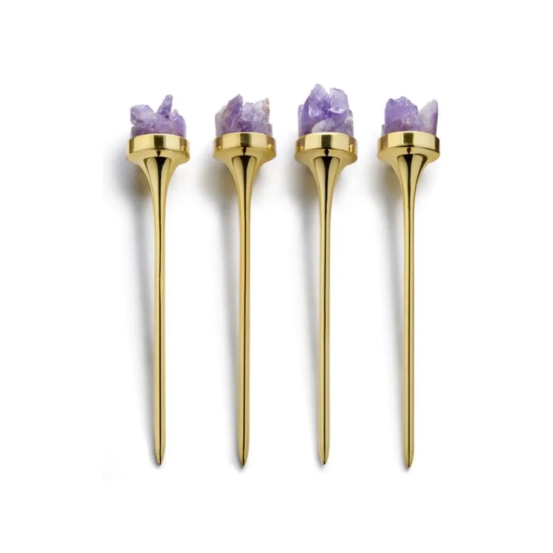 Amethyst & Gold Cocktail Picks, Set of 4