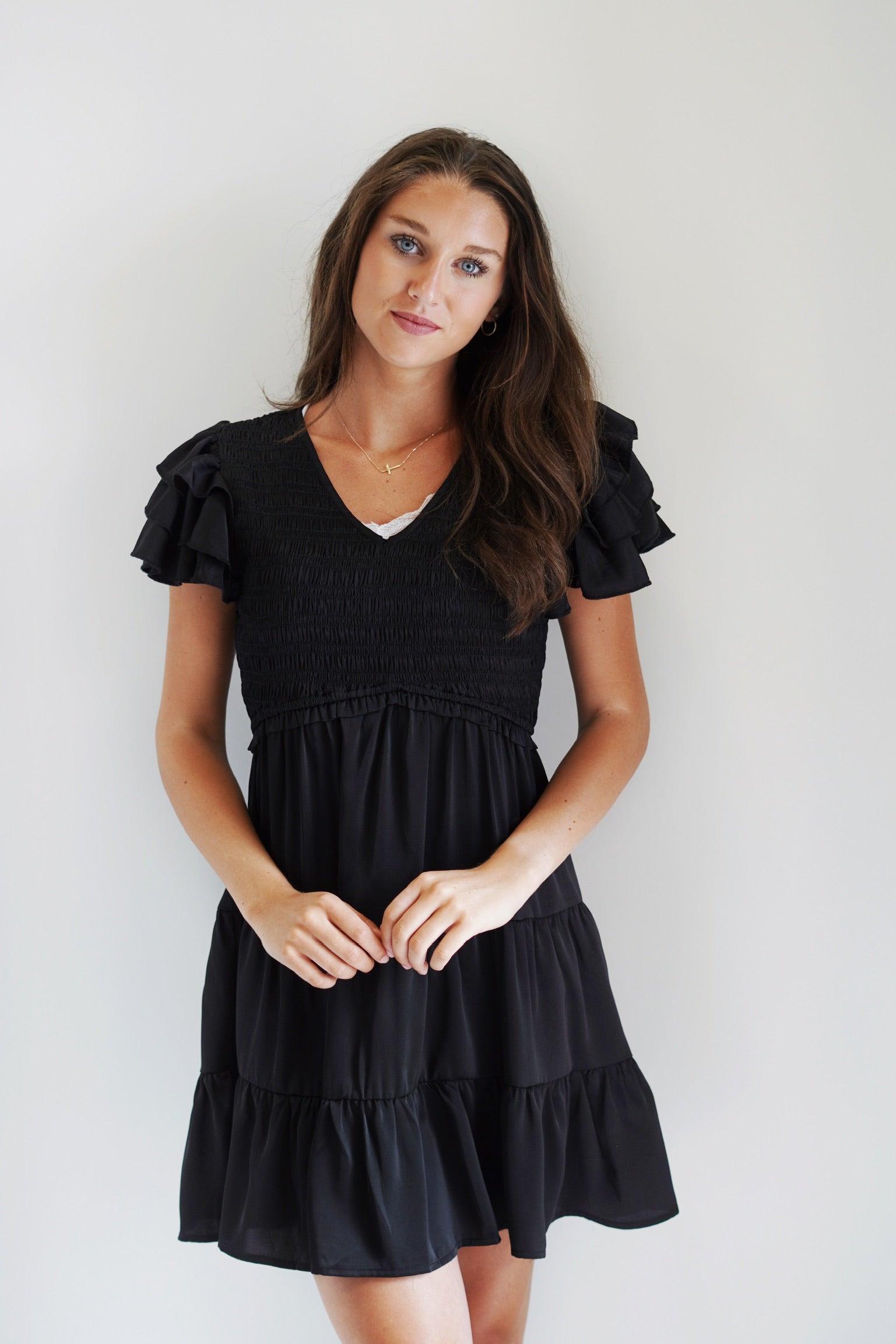 Becca Black Ruffle Sleeve Dress