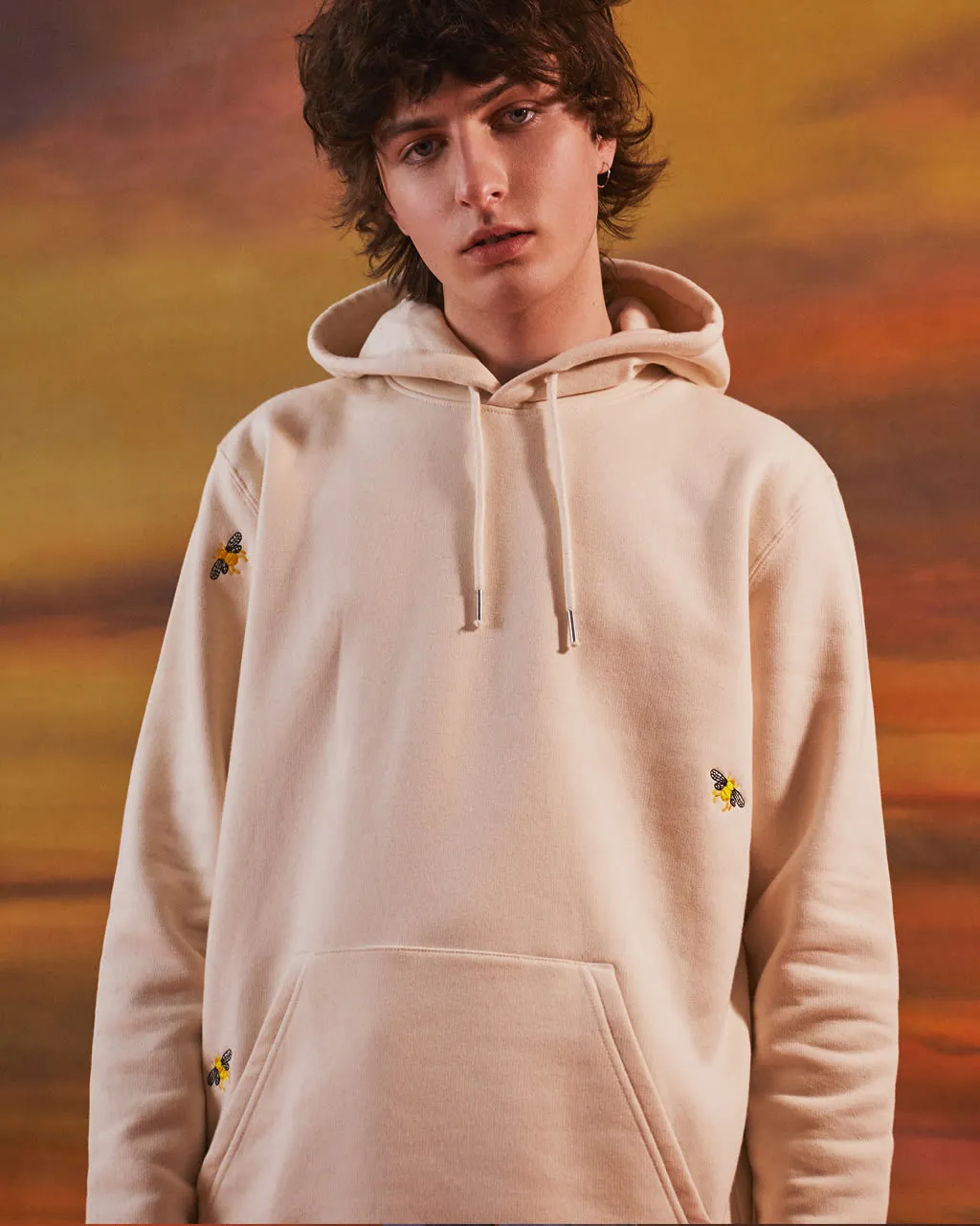 Bee Embroidered Hoodie Ecru Men