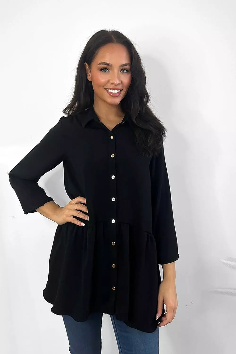 Black Satin Drop Hem Shirt