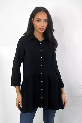 Black Satin Drop Hem Shirt