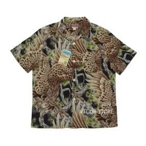 BOB DONG Big Falcon Hawaiian Shirts Retro Cotton-Flax Loop Collar Short Sleeve