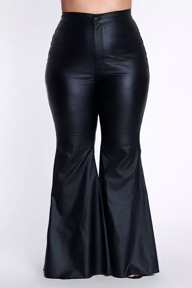 Bold & Beautiful Black Faux Leather Bell Bottom Pants - PLUS