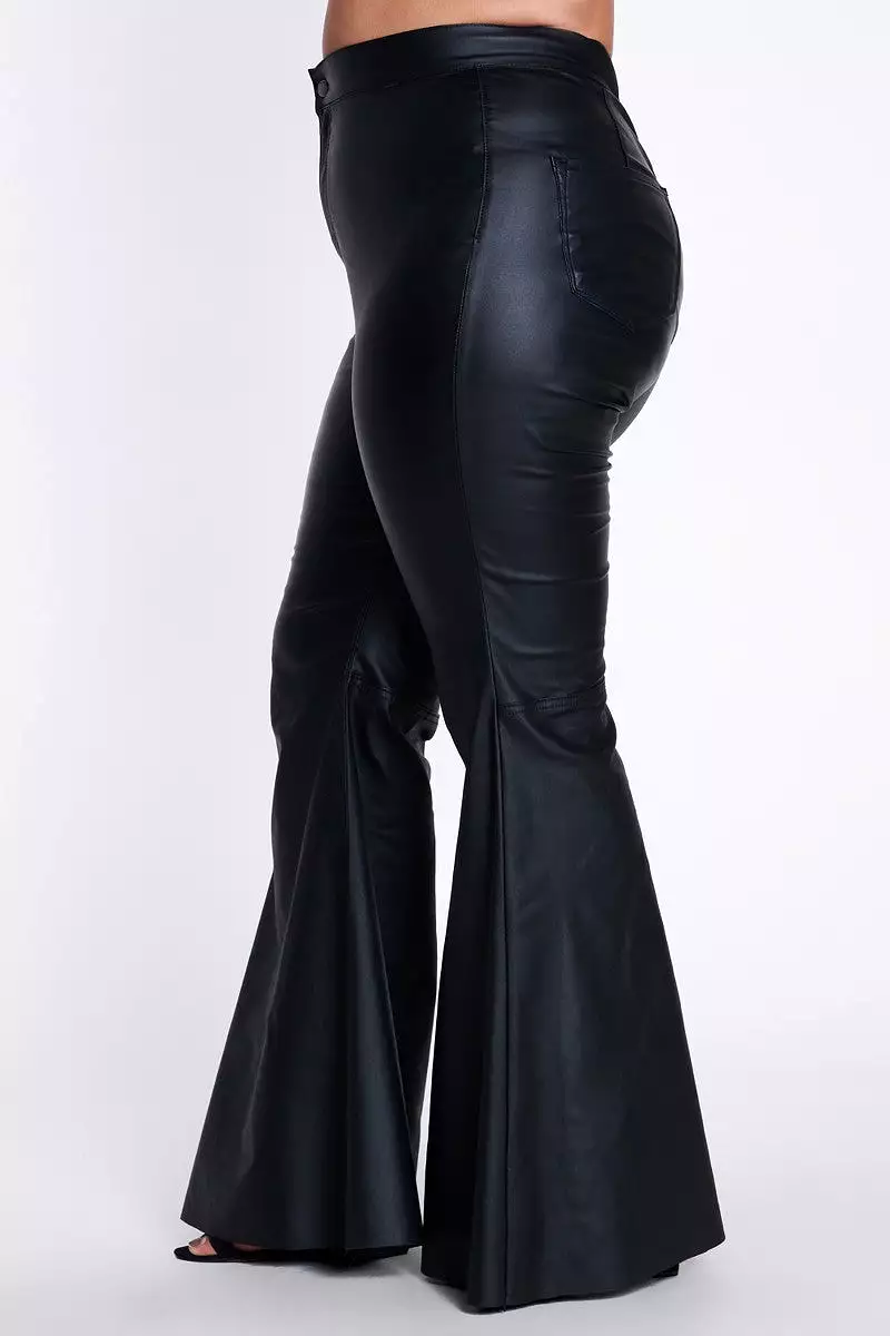 Bold & Beautiful Black Faux Leather Bell Bottom Pants - PLUS