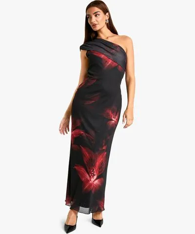 boohoo Womens Fold Over One Shoulder Floral Mesh Maxi Dress