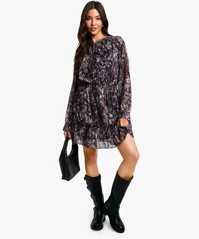 boohoo Womens Snake Print Chiffon Long Sleeve Skater Dress