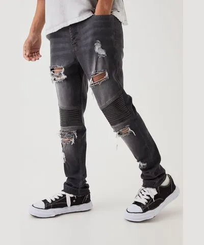 boohooMAN Mens Skinny Distressed Raw Hem Biker Jeans