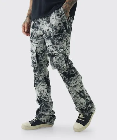 boohooMAN Mens Tall Skeleton Tapestry Frayed Stacked Flared Cargo Jeans