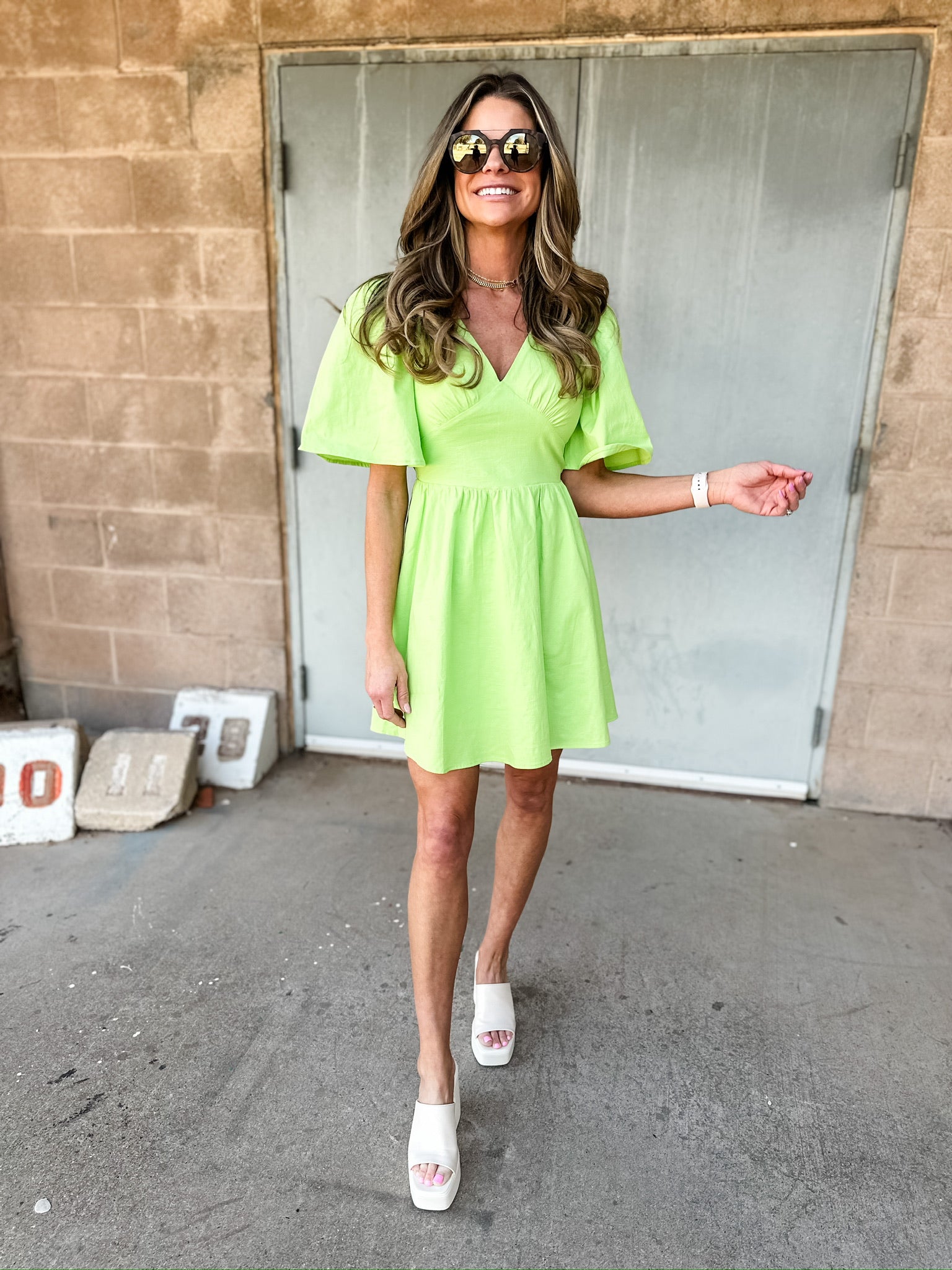 Butterfly Sleeve V-Neck Dress | Lime Green | FINAL SALE