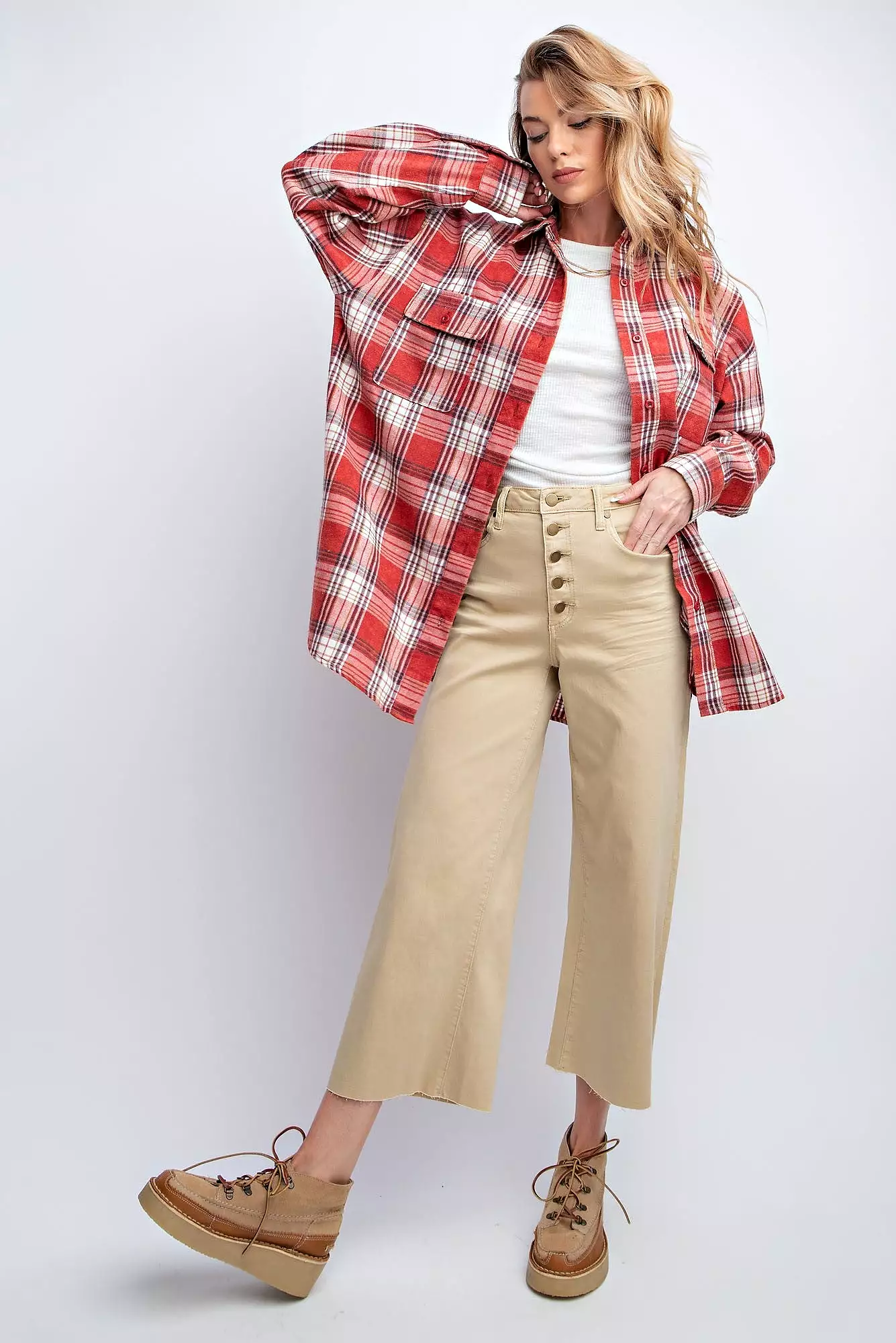 Button Front Stretch Twill Bell Bottom Pants