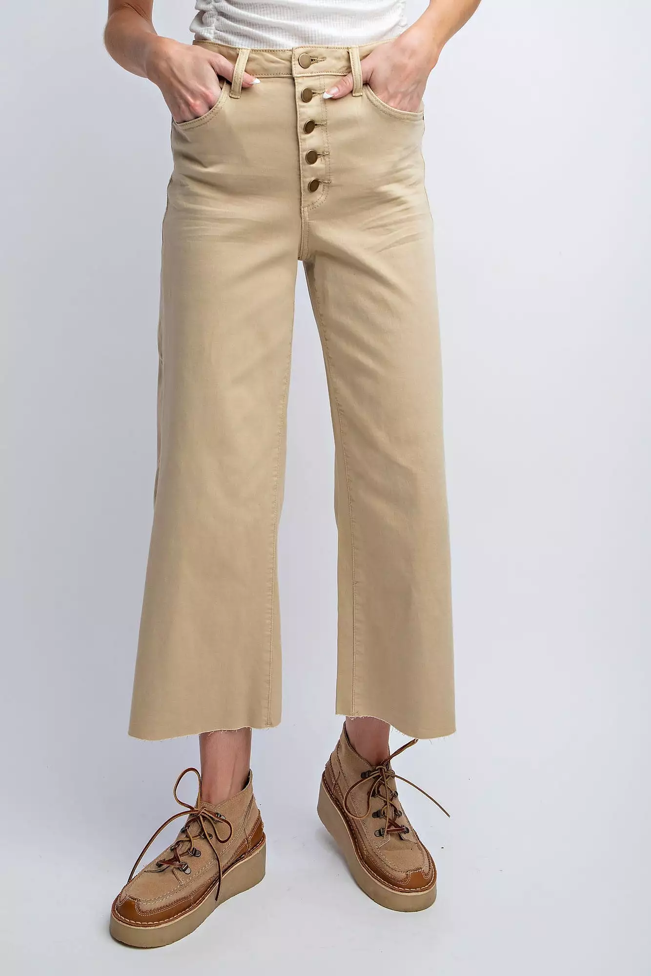 Button Front Stretch Twill Bell Bottom Pants