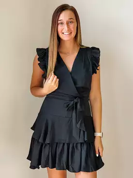 Carris Ruffled Black Belted Dress