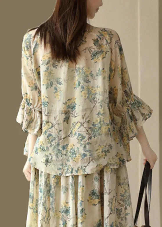 Casual O-Neck Print Tie Waist Ramie Shirts Flare Sleeve