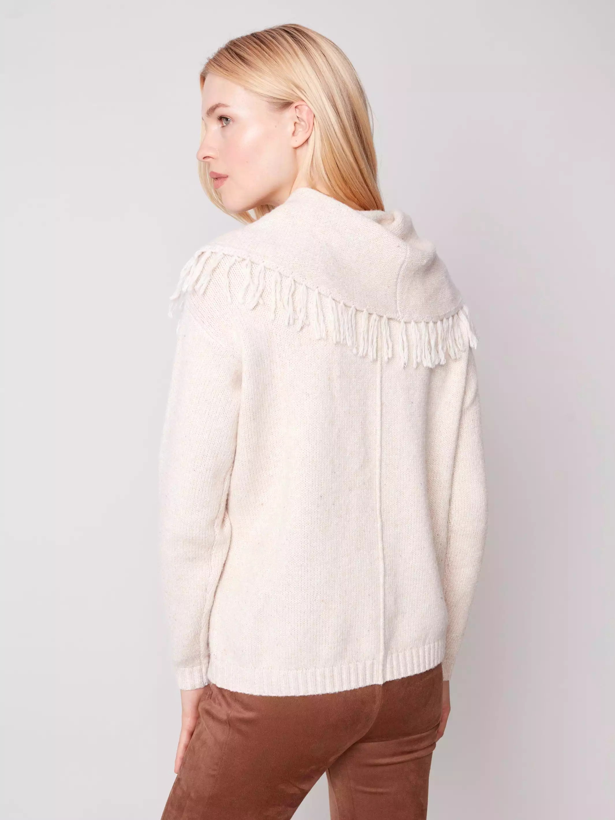 Charlie B Fringed Cowl Neck Sweater - C2584