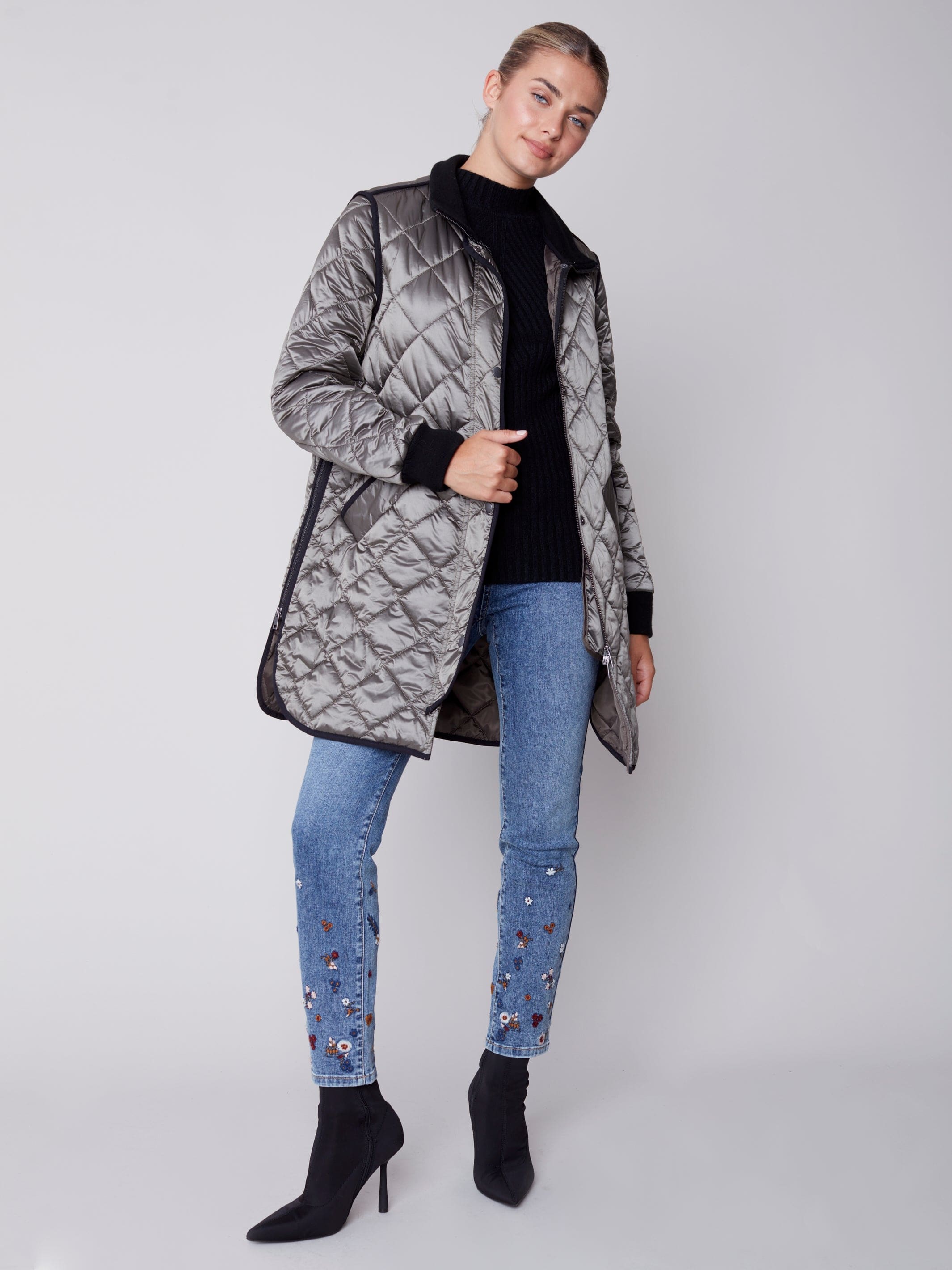 Charlie B Long Quilted Pleather Jacket - C6253