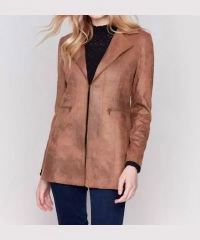 Charlie B Long Vintage Faux Suede Jacket In Truffle