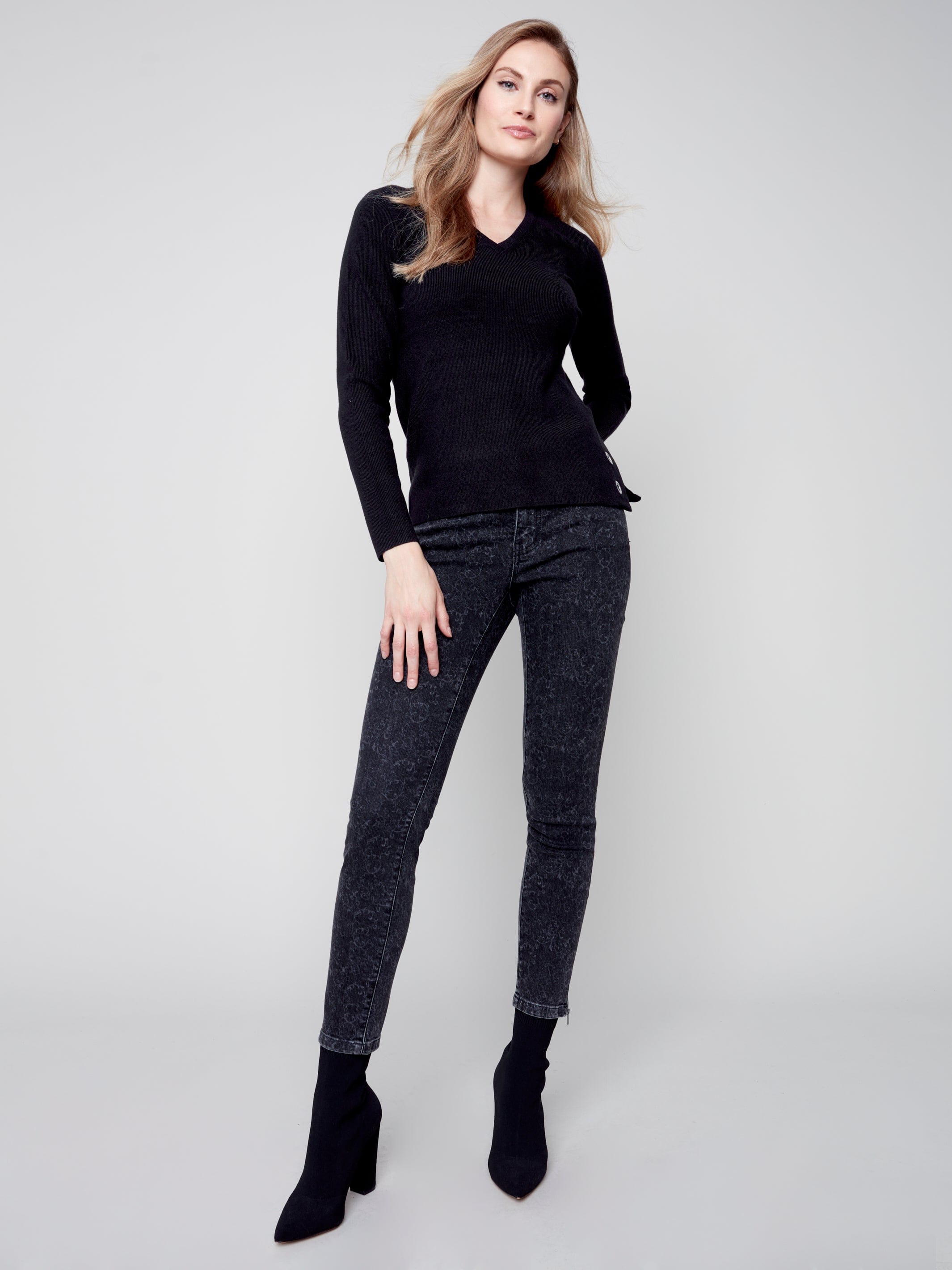 Charlie B Round Plushy Knit V-Neck Black - C2569