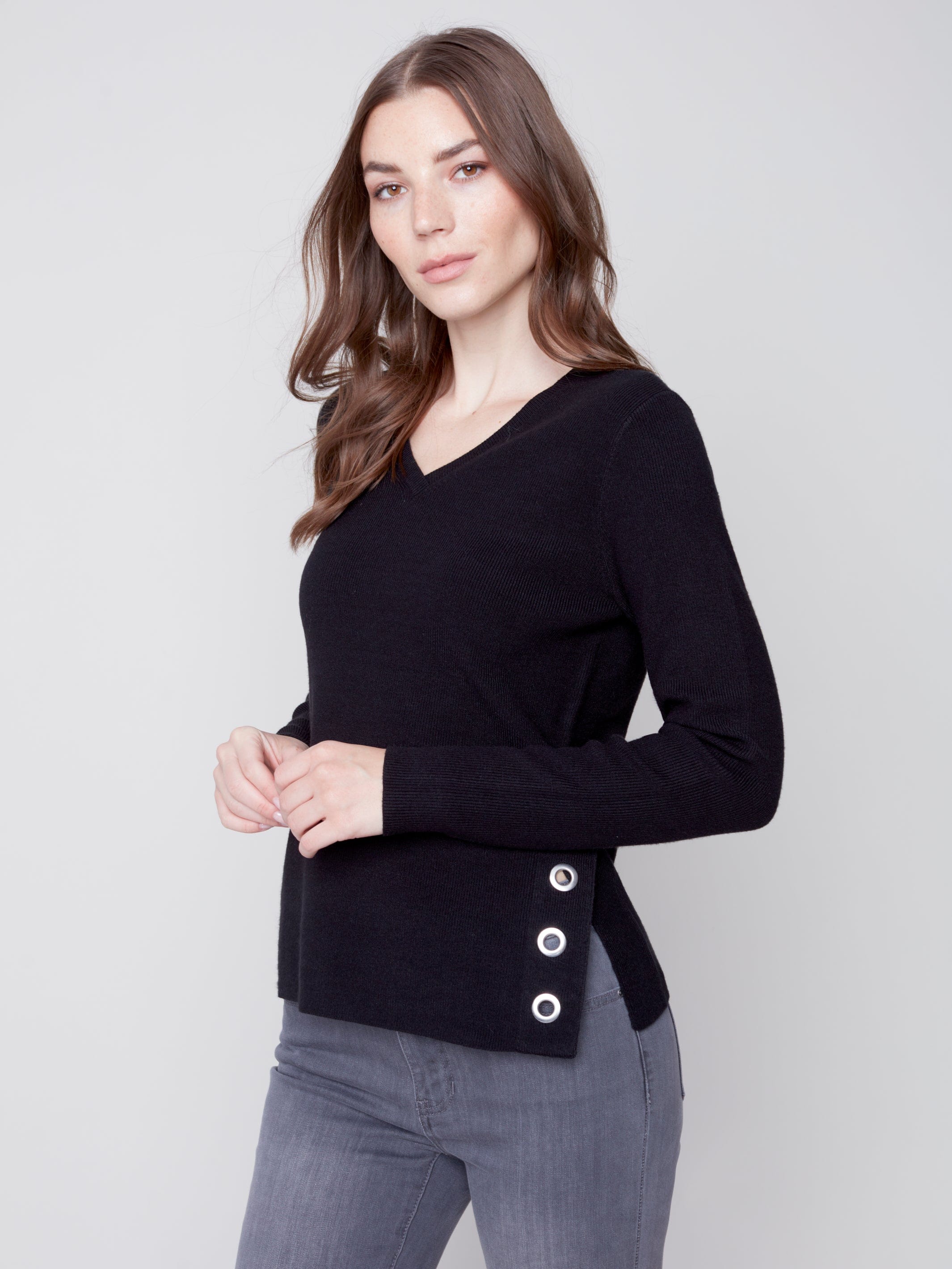 Charlie B Round Plushy Knit V-Neck Black - C2569