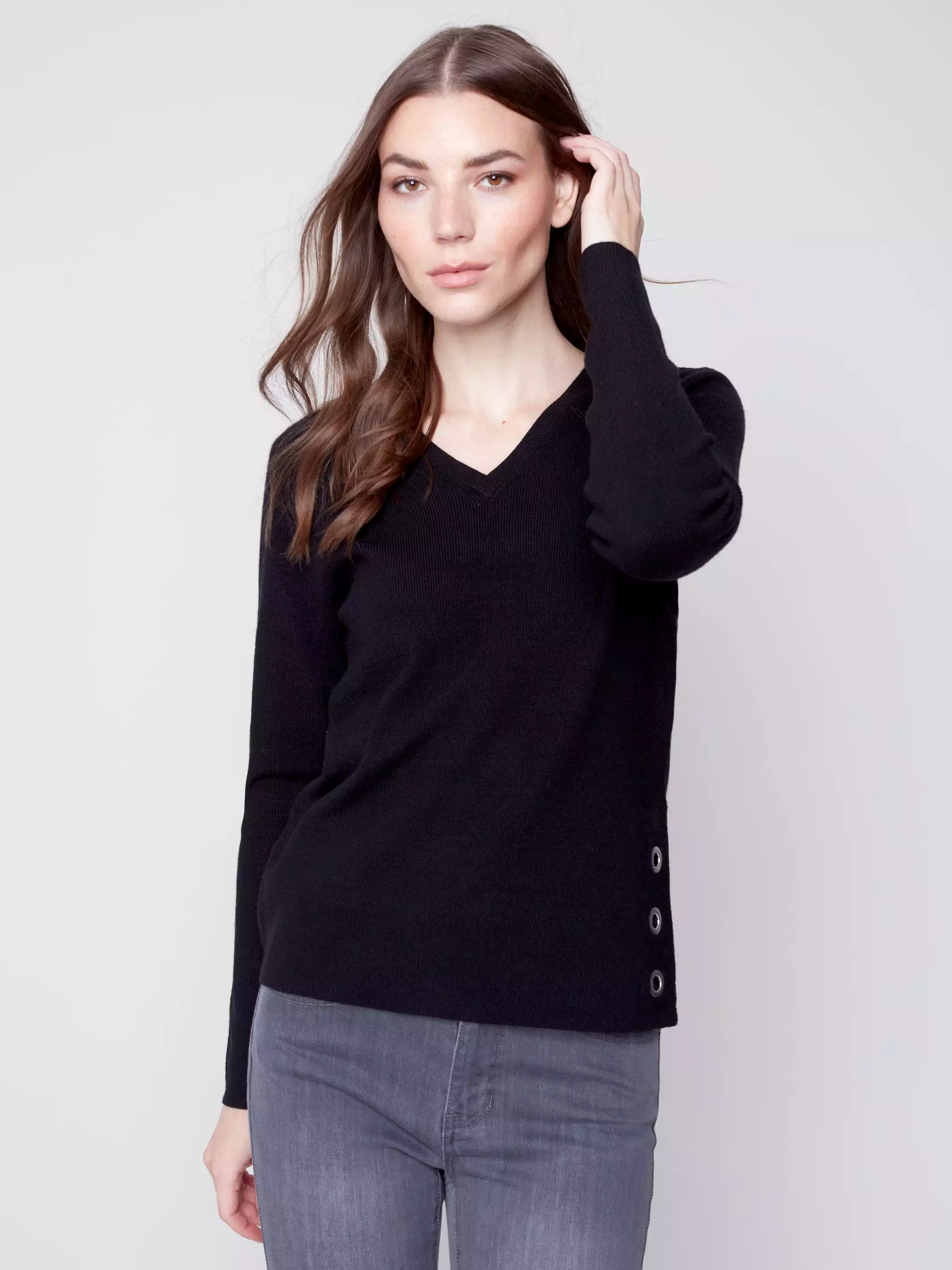 Charlie B Round Plushy Knit V-Neck Black - C2569