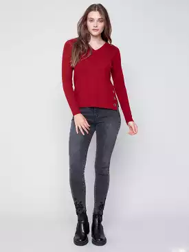 Charlie B Round Plushy Knit V-Neck Ruby - C2569