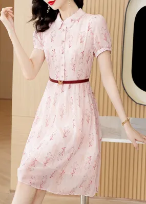 Chic Pink Peter Pan Collar Print Chiffon Shirts Dress Short Sleeve