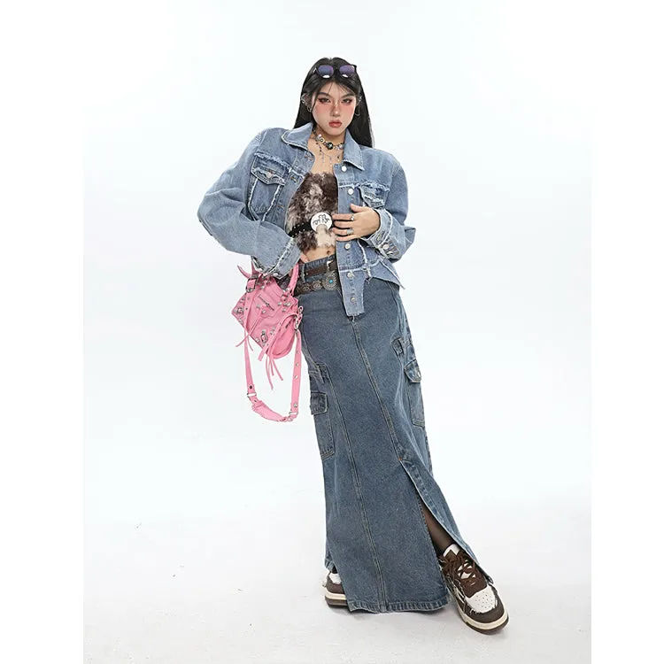 Chrissy Distressed Patchwork Denim Blue Shoulder Padded Button Up Jeans Jacke