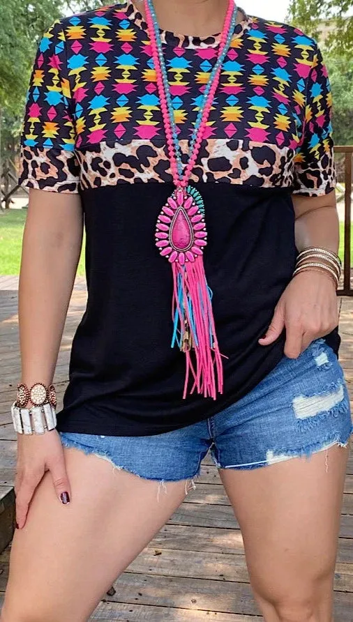 Colorful Tribal, Leopard, Black color block top