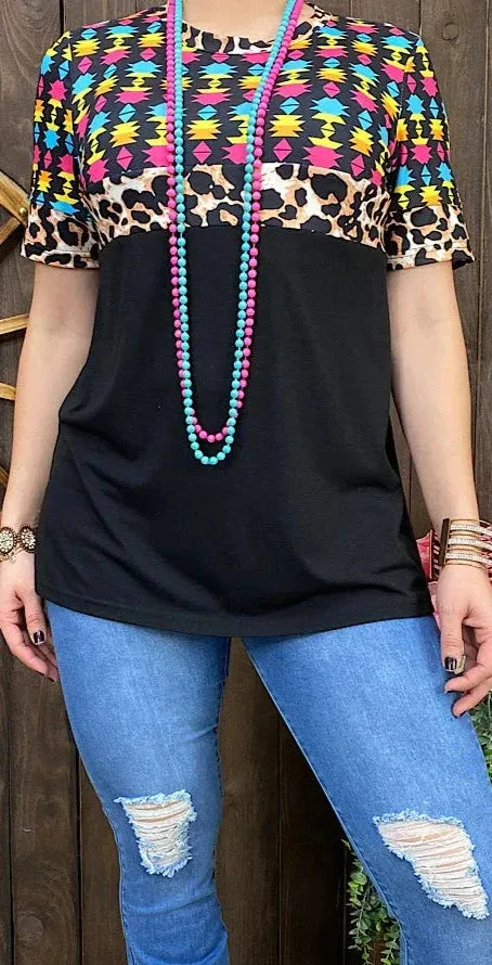 Colorful Tribal, Leopard, Black color block top