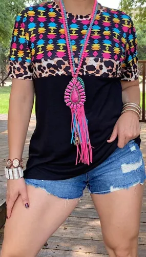 Colorful Tribal, Leopard, Black color block top