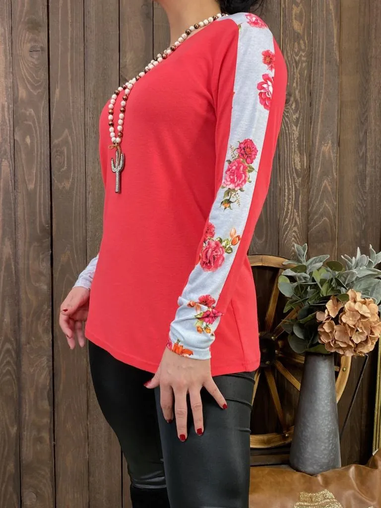 Coral Red Top with white floral stripe long sleeves