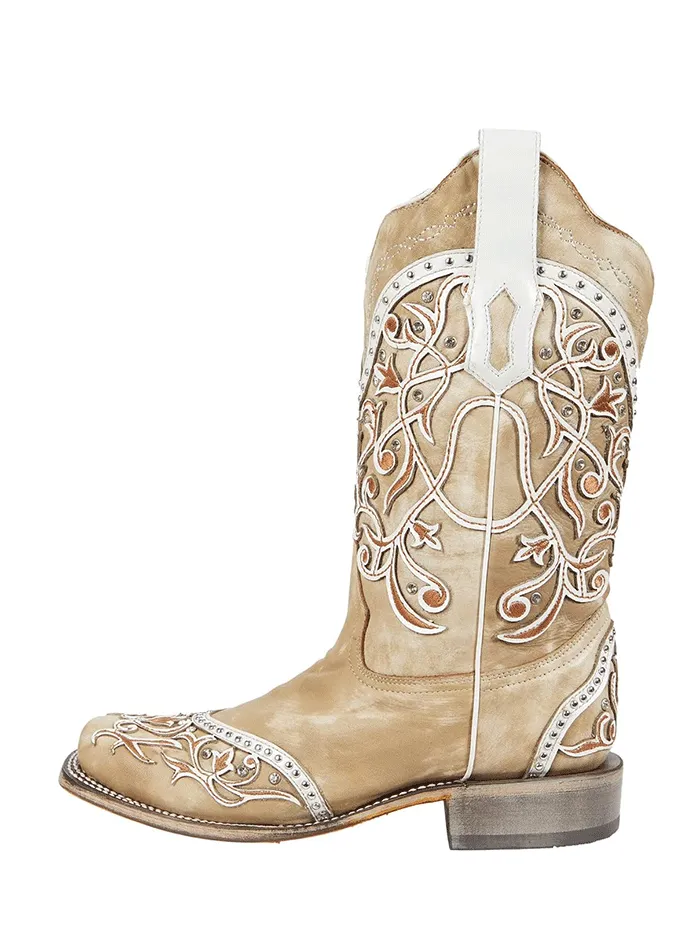 Corral A4165 Ladies Embroidery and Studs Square Toe Western Boot White