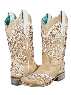 Corral A4165 Ladies Embroidery and Studs Square Toe Western Boot White