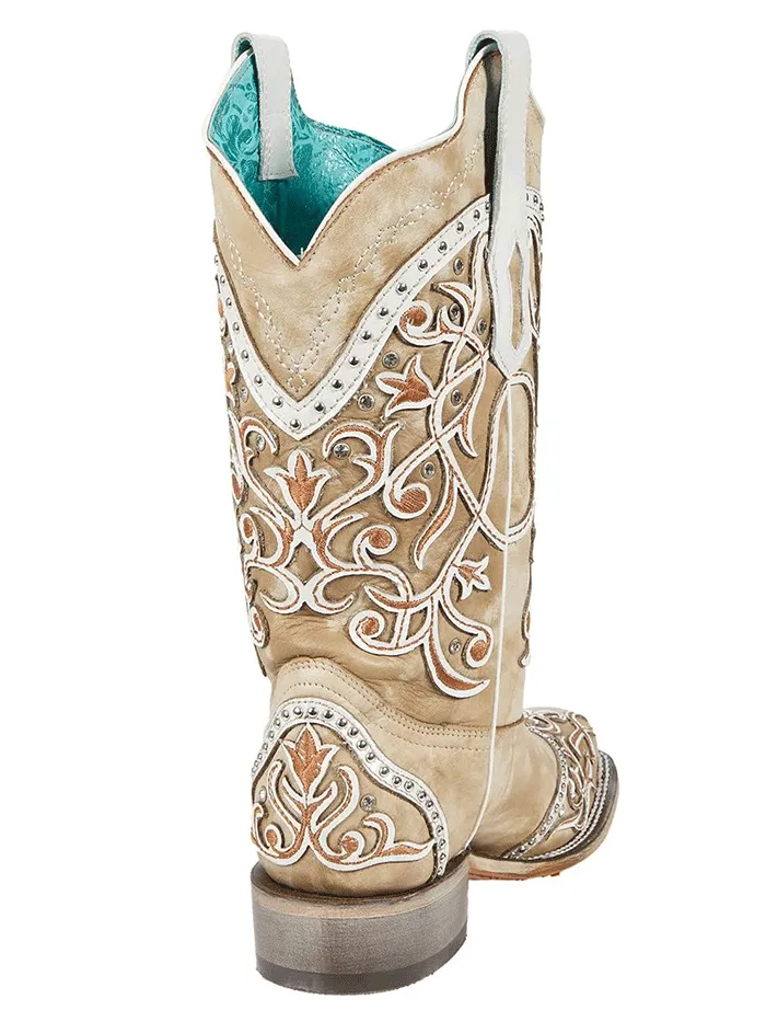 Corral A4165 Ladies Embroidery and Studs Square Toe Western Boot White