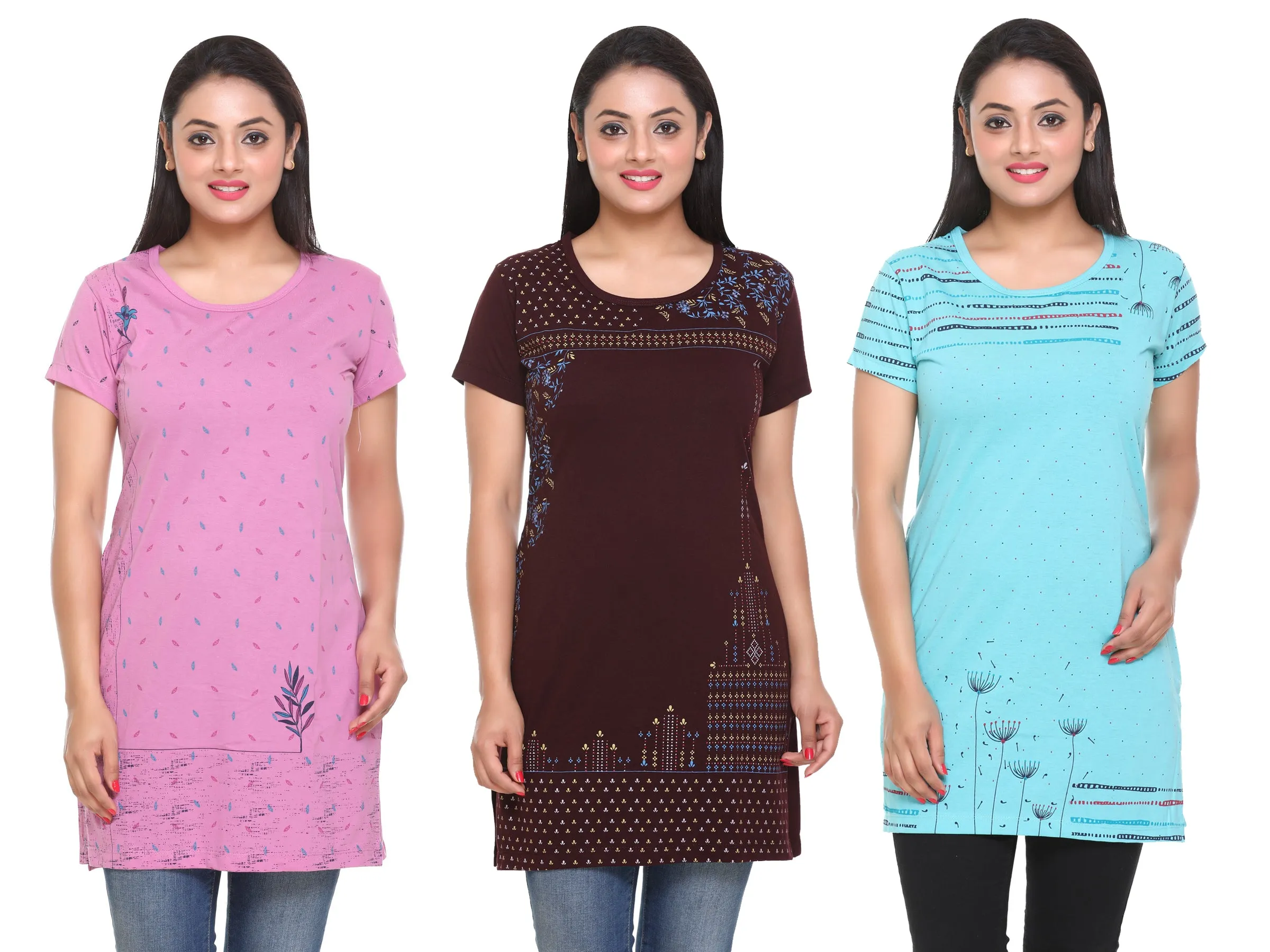 Cotton Printed Long T-shirts For Women Half Sleeve - Pack of 3 (Lavender, Aqua & Wine)