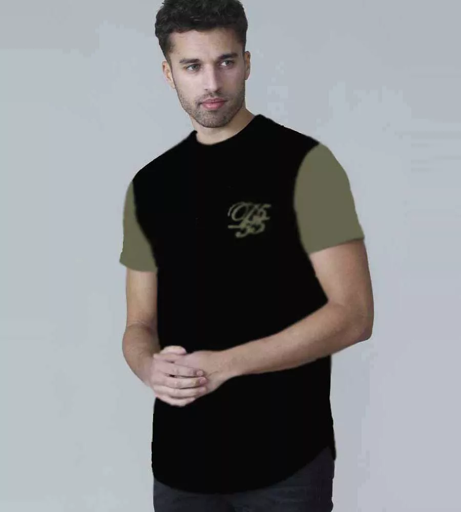 D555 Tall Mens Couture T-Shirt With Curved Hem, Contrast Sleeves And Chest Embroidery (DEMARCUS BLACK)