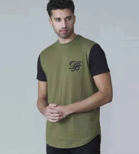 D555 Tall Mens Couture T-Shirt With Curved Hem, Contrast Sleeves And Chest Embroidery (DEMARCUS KHAKI)