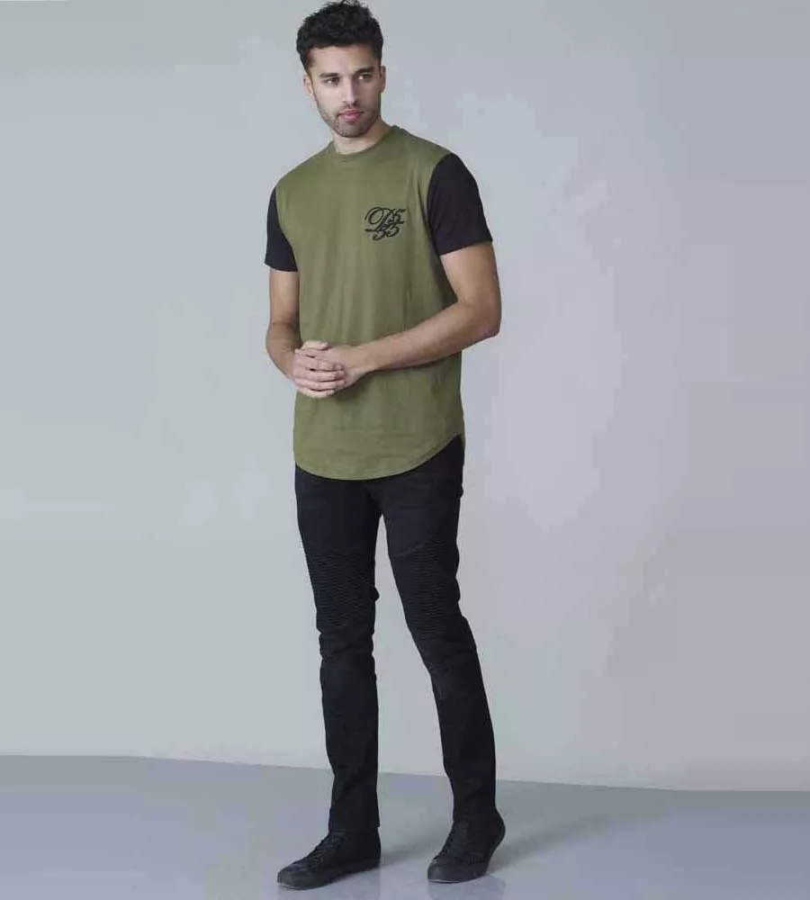 D555 Tall Mens Couture T-Shirt With Curved Hem, Contrast Sleeves And Chest Embroidery (DEMARCUS KHAKI)