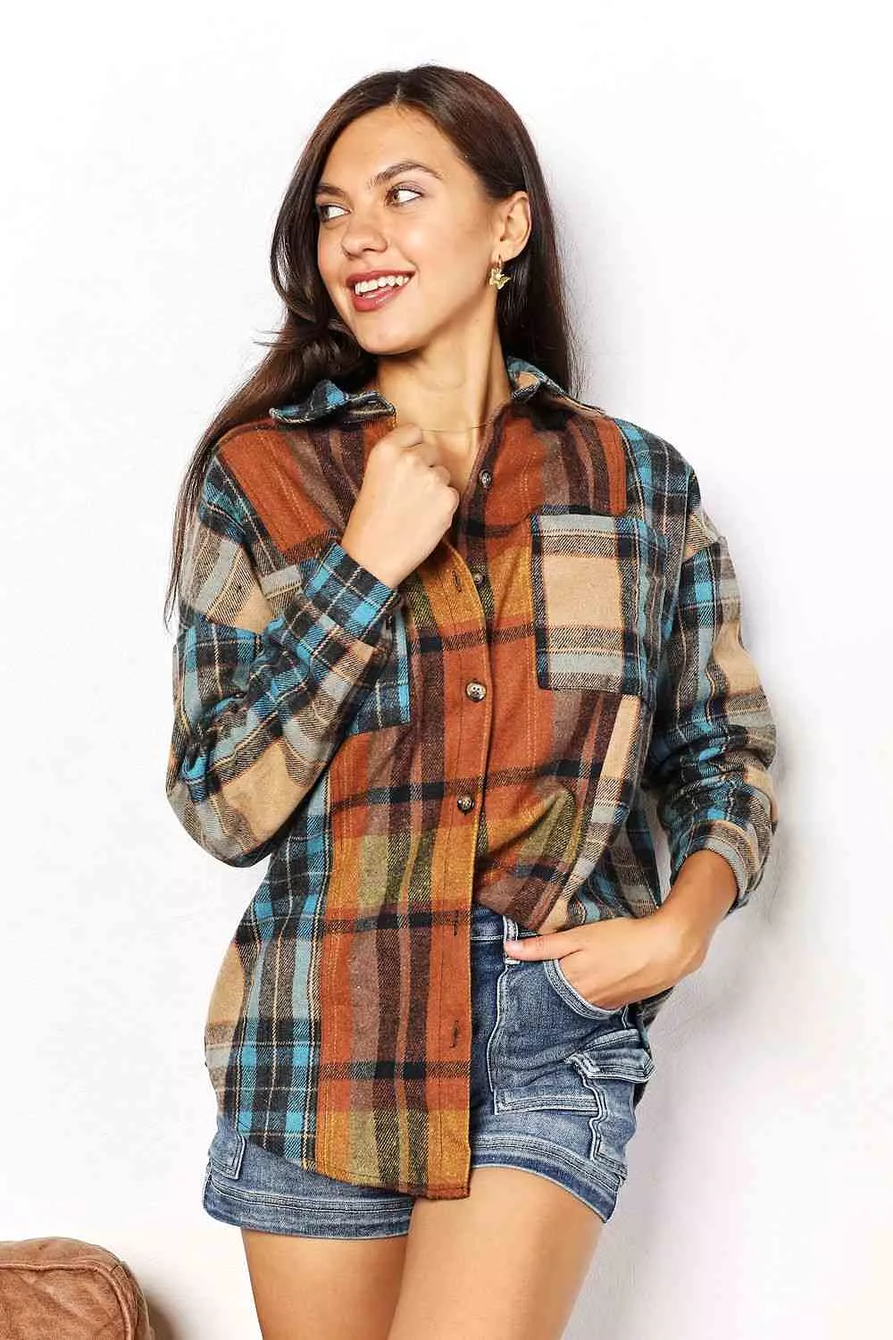 Double Take Plaid Curved Hem Shirt Jacket with Breast Pockets