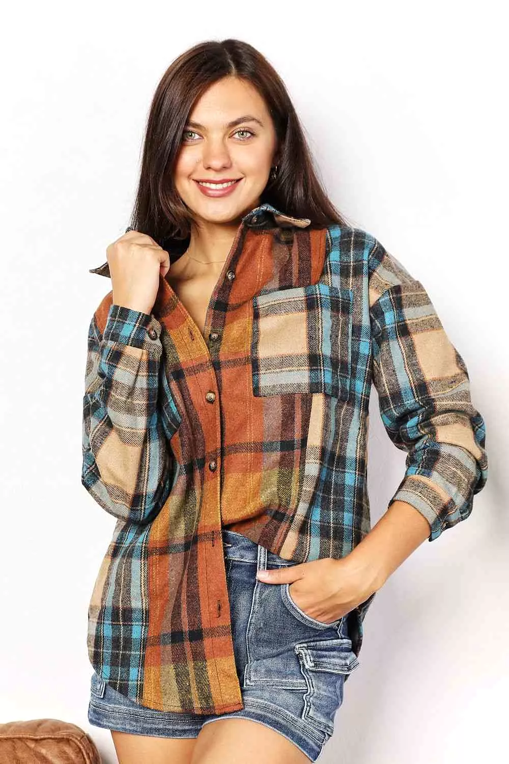 Double Take Plaid Curved Hem Shirt Jacket with Breast Pockets