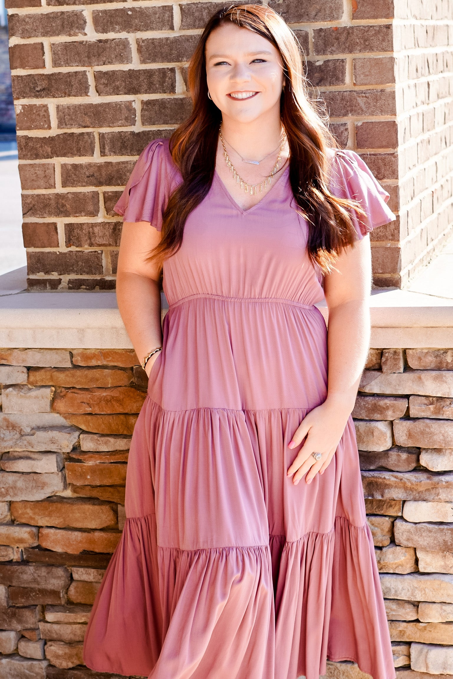 Dusty Mauve Tiered Midi Dress